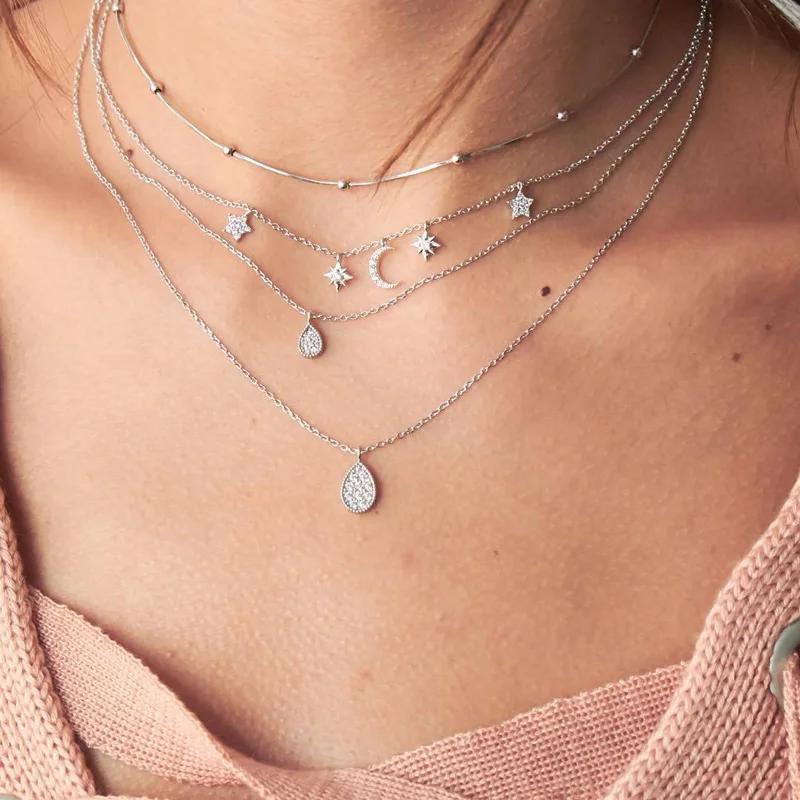 A7 Silver Color Богемные Золотой многослойные с изображением Луны и звезд, с украшением в виде кристаллов Цепочки и ожерелья для Для женщин модные Синие стразы для глаз Цепочки и ожерелья колье ювелирное изделие, опт - Окраска металла: A7 Silver Color
