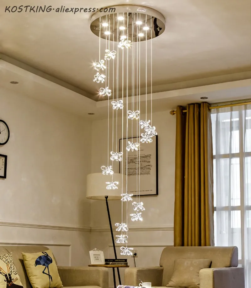 値段 現代ロングクリスタルシャンデリア LED 階段ライトスパイラルデザインホームデコレーションクリスタル照明