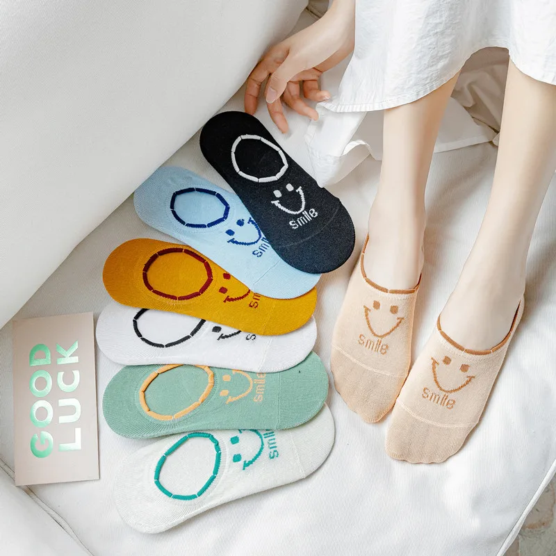 

7 Colors Female Shallow Mouth Short Boat Socks Cotton Breathable Summer Thin Trendy Smile Cute Japanese Style Sock Smile Pattern