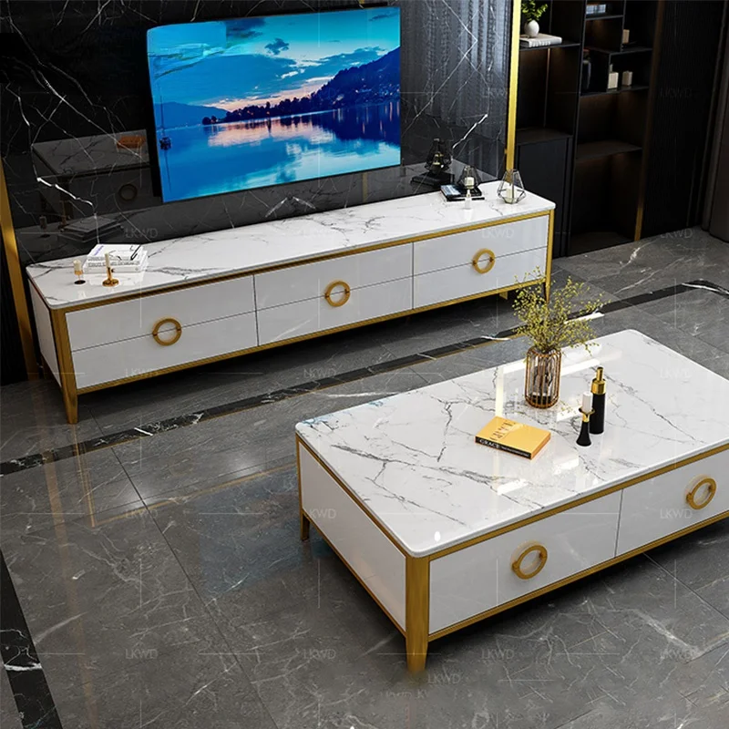 

Marble TV and tea table cabinet, luxury titanium furniture set, small apartment combination, living room, light floor closet