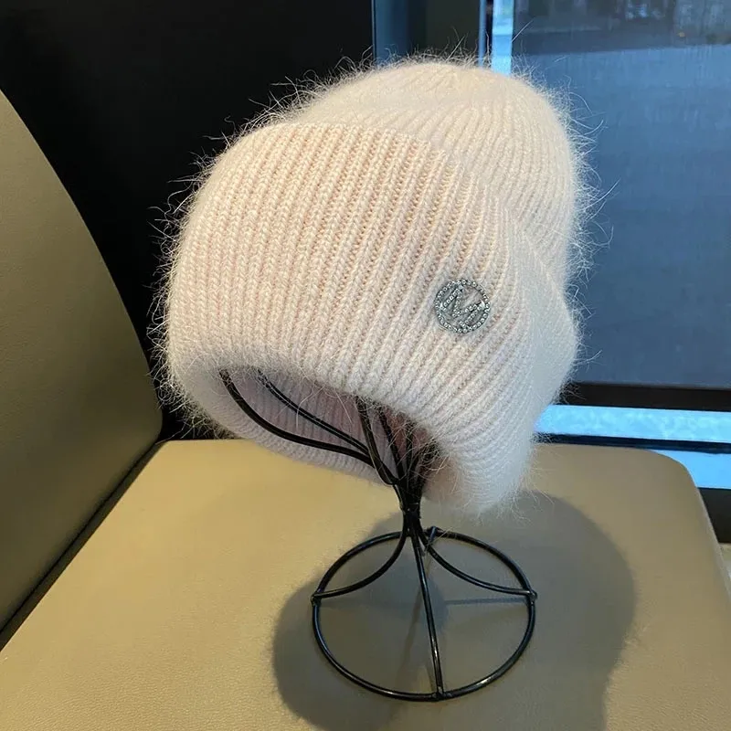 

ZHUOY ins Winter Hat Hat Women Knitted Beanie Diamond M Letter Rhinestone Thick New cold protecti onoutdoor Warm hedging hat