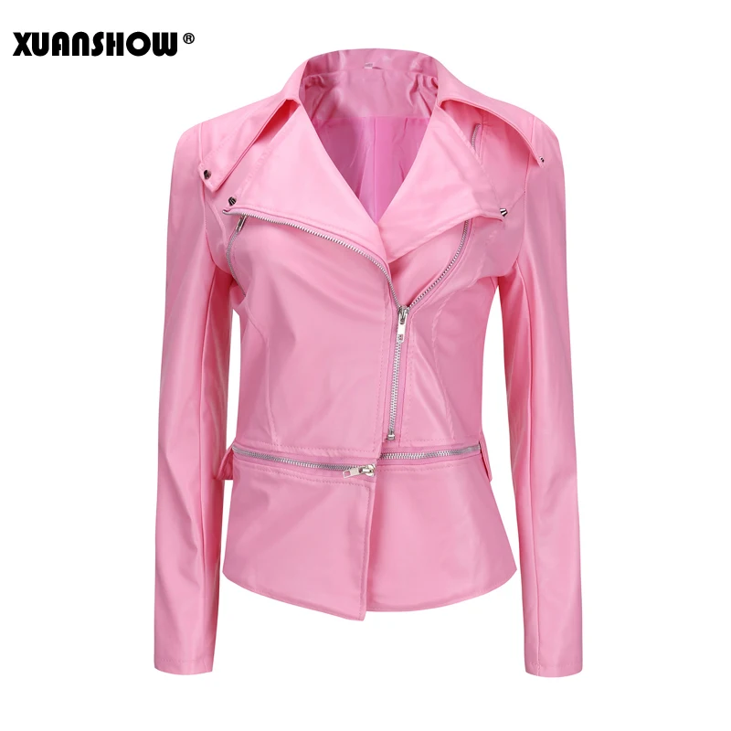 Pink XUANSHOW осенне-зимняя женская куртка из искусственной кожи с длинным рукавом и заклепками, Женская мотоциклетная куртка на молнии, верхняя одежда из искусственной кожи - Цвет: Pink