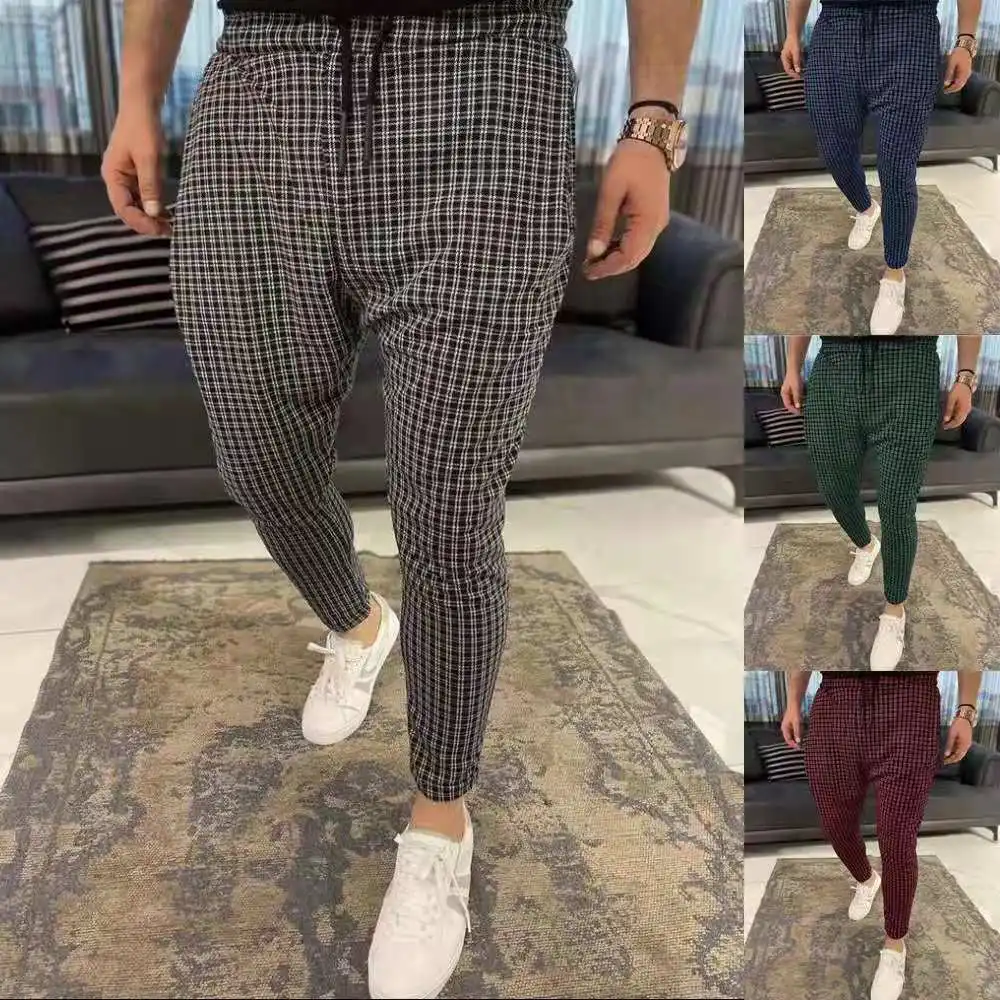 

Hot Men Plaid Pants Slim Fit Midwaist Trousers Classic Vintage Men Business Casual Jogging Pencil Pants
