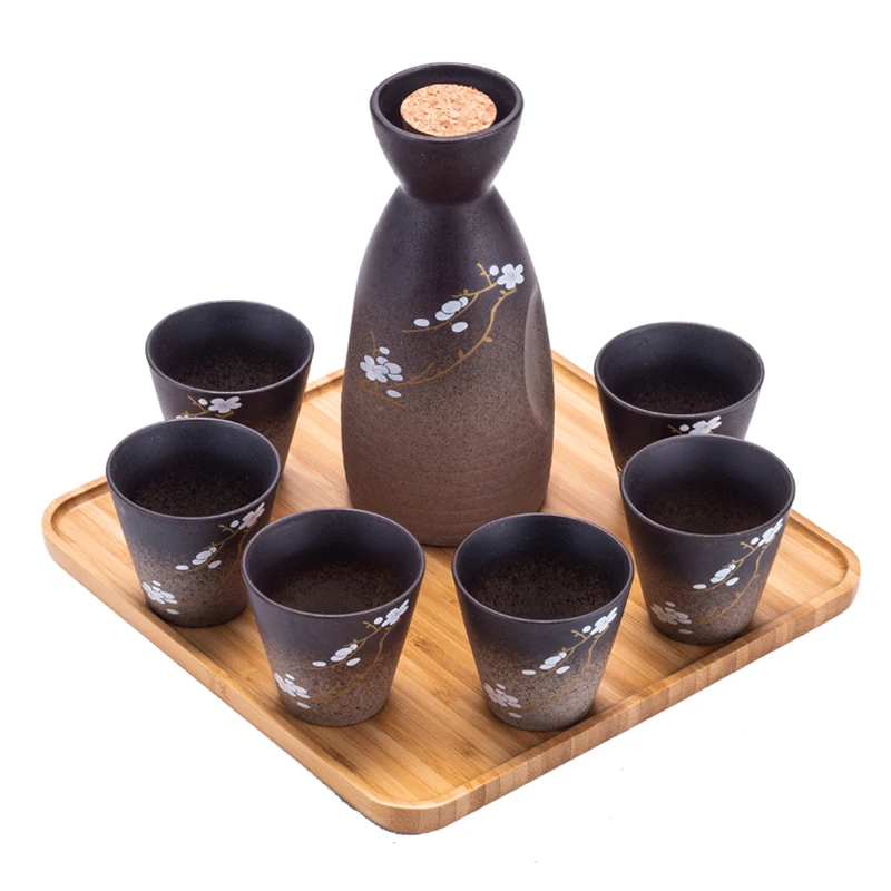 

Crude pottery hand painted cherry blossom Japanese liquor utensils sake pot wine cup set ceramic barware separator bamboo tray