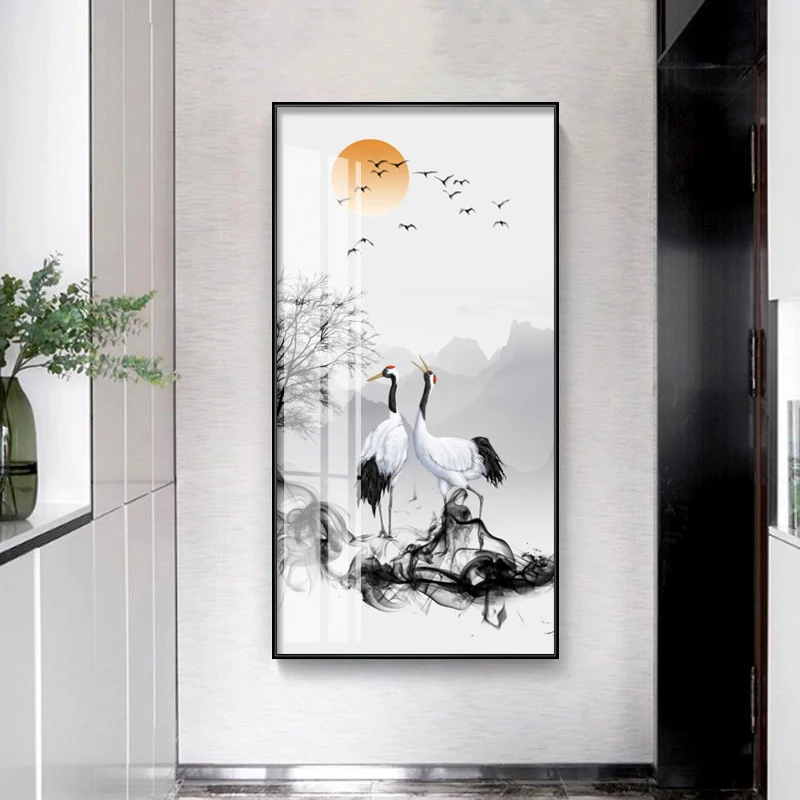 Абстрактная Картина на холсте с изображением журавлей и облаков в китайском