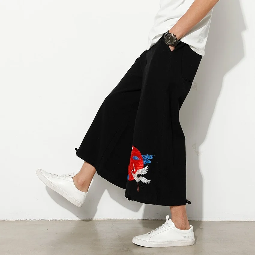 

Streetwear Men Harajuku Crane Embroidery Solid Color Wide Leg Pants Trousers Hip Hop Oversize Summer 2022 New Cotton Linen