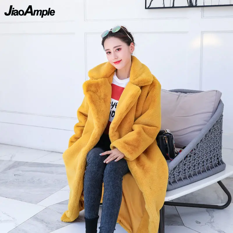 Women's Winter Warm Long Faux Rabbit Fur Coats 2021 Lady Graceful Loose Solid Open Stitch Outside New Thick Plush Outwear Female