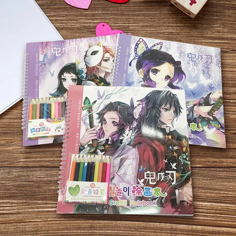 

Anime Demon Slayer Coil Coloring Picture Book Send 10 Color Pencils Student Drawing Tool