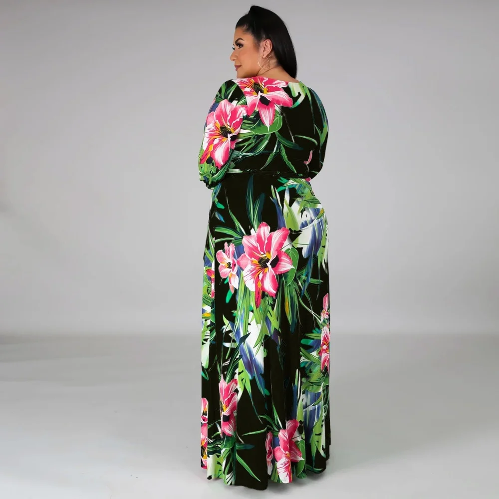 

Plus Size Summer Beach Dress Women Floral Print Casual Dress 2021 New Arrivals Long Sleeve V Neck Party Dresses 3XL 4XL 5XL
