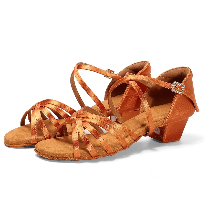 Child Latin Dance Shoes Low Heel 1.5inch Satin Ballroom salsa girls dance shoes in suede outsole use indoor Practise Latin Shoes