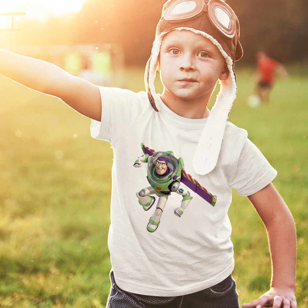 

Футболки с героями мультфильма «История игрушек», летние детские повседневные футболки Dinsey, модная футболка с коротким рукавом для мальчиков с принтом Базз Лайтер