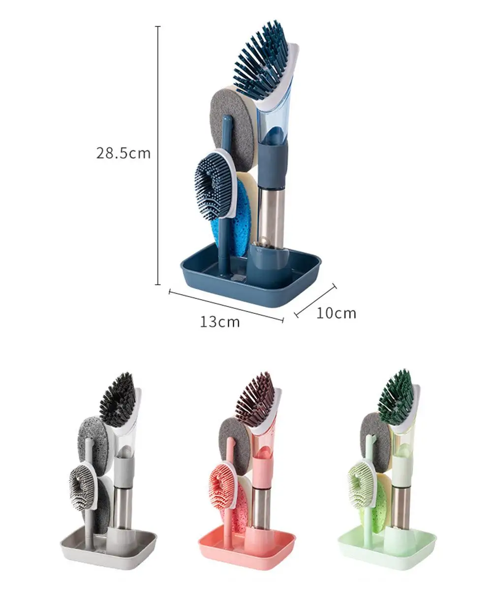 

Multifunctional 4 in 1 Cleaning Brush Scrubber Dish Sponge Tableware Cleaning Brush Liquid Dispenser Kitchen Cleaning Set