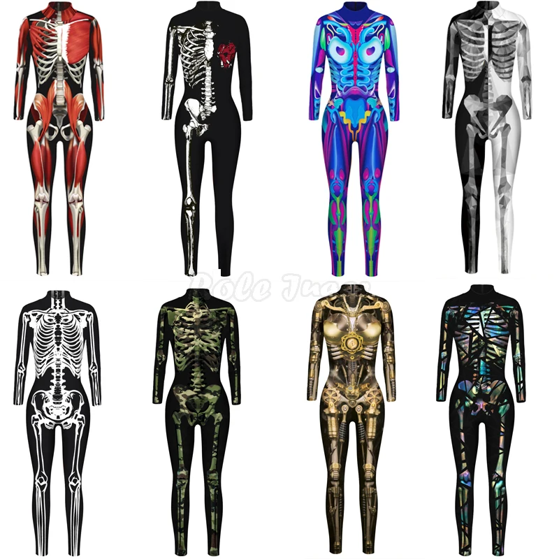 

Halloween Skeleton Digital Printing Jumpsuits For Adult Women Party Performances Costume Zentai Fitness Bodysuits C42X49