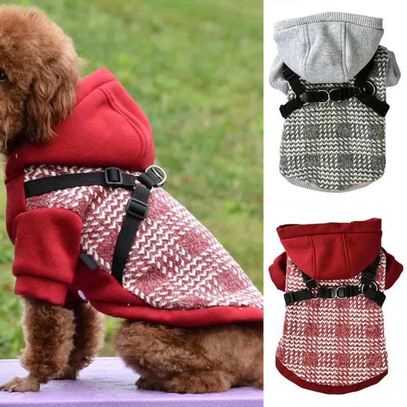 

Warm Pet Hoodie Jacket With Harness Plaid Autumn Winter Cotton Hoodie 2-Legged Coat For Small Mediun Dogs Cats Apparel