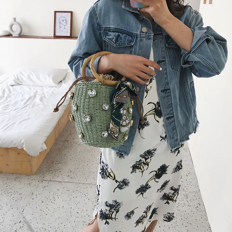 Новая маленькая Соломенная Сумка ведро ручной работы украшенная стразами