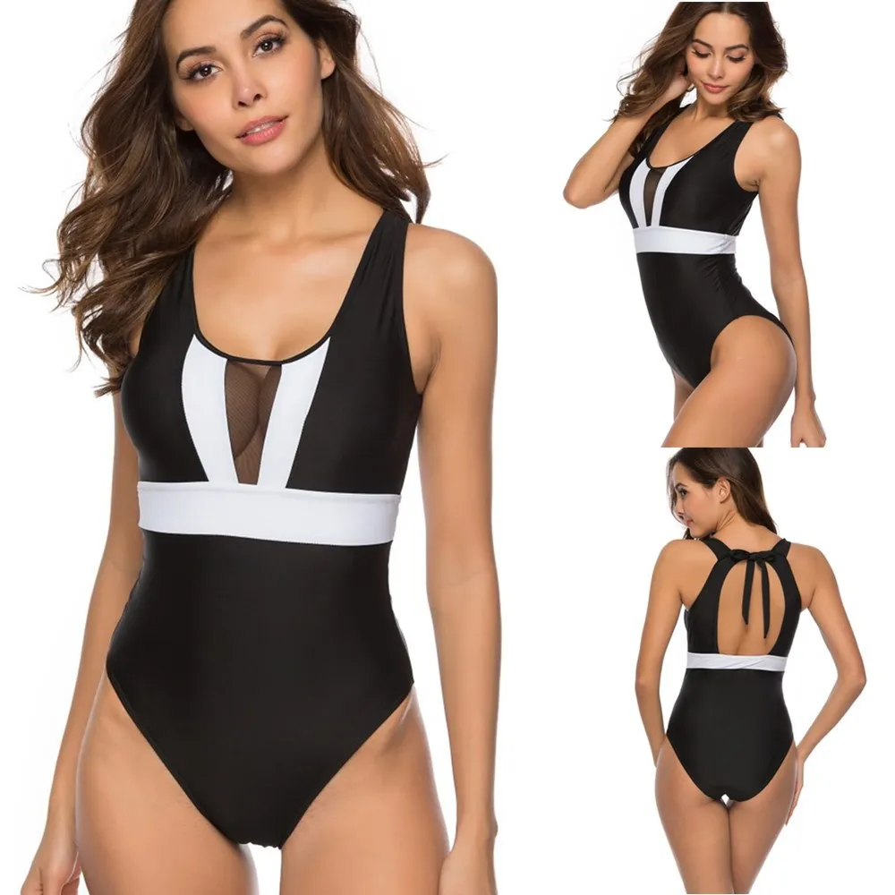

Solid color one-piece swimsuit chest perspective mesh design sexy bikini slim swimming wading sports beachwear plus size