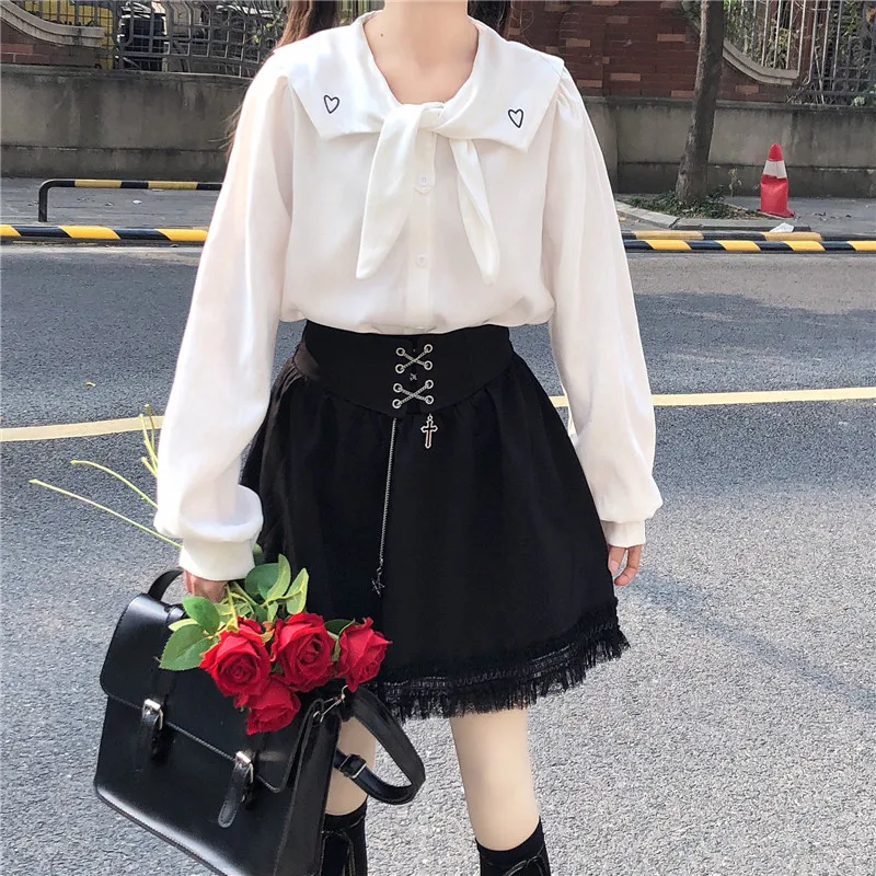 

Женская белая рубашка OLOMLB, с длинным рукавом и вышивкой бантом, летняя приталенная юбка в японском стиле