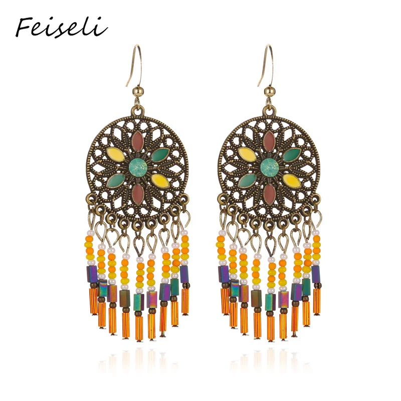 Feiseli цветные резные Многослойные женские серьги с кисточками в этническом стиле