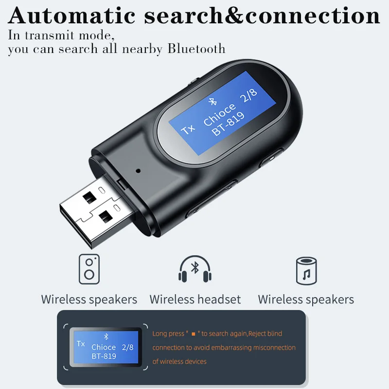 Беспроводной аудио адаптер Bluetooth 5.0 приемник передатчик с цифровым ЖК-экраном 3 5