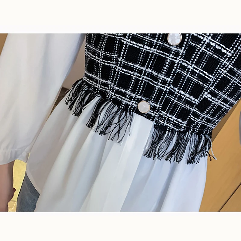 

2020 Fashion Patchwork V Neck Shirt Women Autumn Korean Style Loose Chiffon Blouse Long Sleeve Female Top