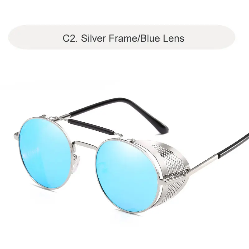 C2 Silver-Blue Готические солнцезащитные очки в стиле стимпанк для мужчин и женщин круглый металлический Ретро рамка мужские солнцезащитные очки Брендовые дизайнерские Панк мужские очки - Цвет линз: C2 Silver-Blue