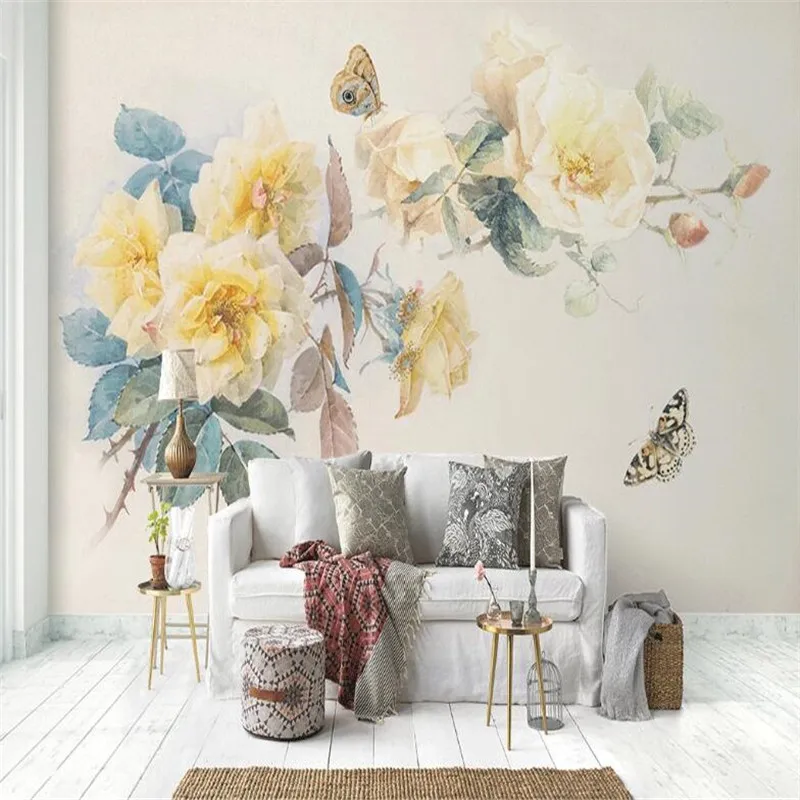 

Custom 3D wallpaper mural Nordic hand-painted elegant rose pastoral oil painting sofa background wallpaper mural