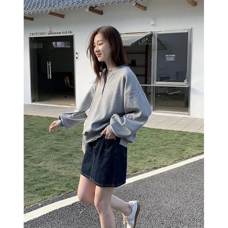 

2021 Fall Women New Round Neck Gray Pullover Women's Solid Color Long-sleeved Korean Loose Casual Tops Female New Sweatshirt