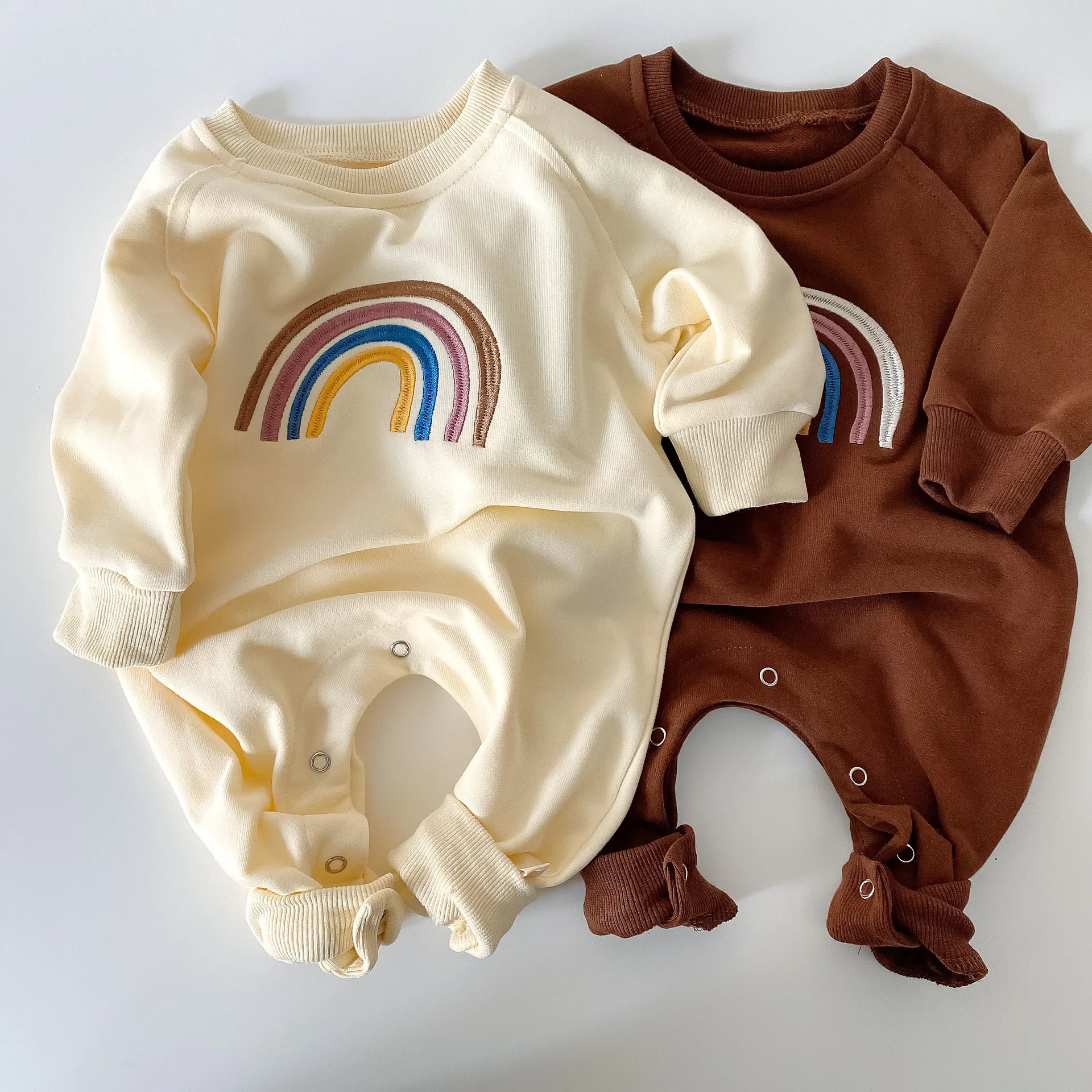 

2021 Spring Round Neck Long Sleeve Newborn Jumpsuit New Rainbow Embroidered Baby Clothes Toddler Baby Boys Girls Cute Rompers