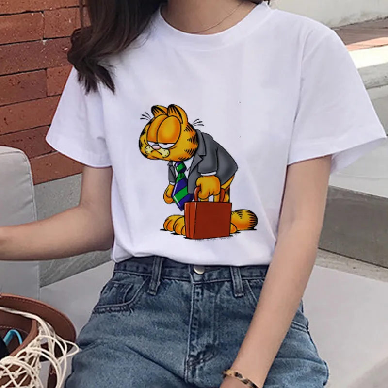 

Femme Tumblr New Cartoon Garfield Print Harajuku T-shirt Women's O-neck Casual T-shirt Top Cute Cat Short-sleeved Women's Shirt