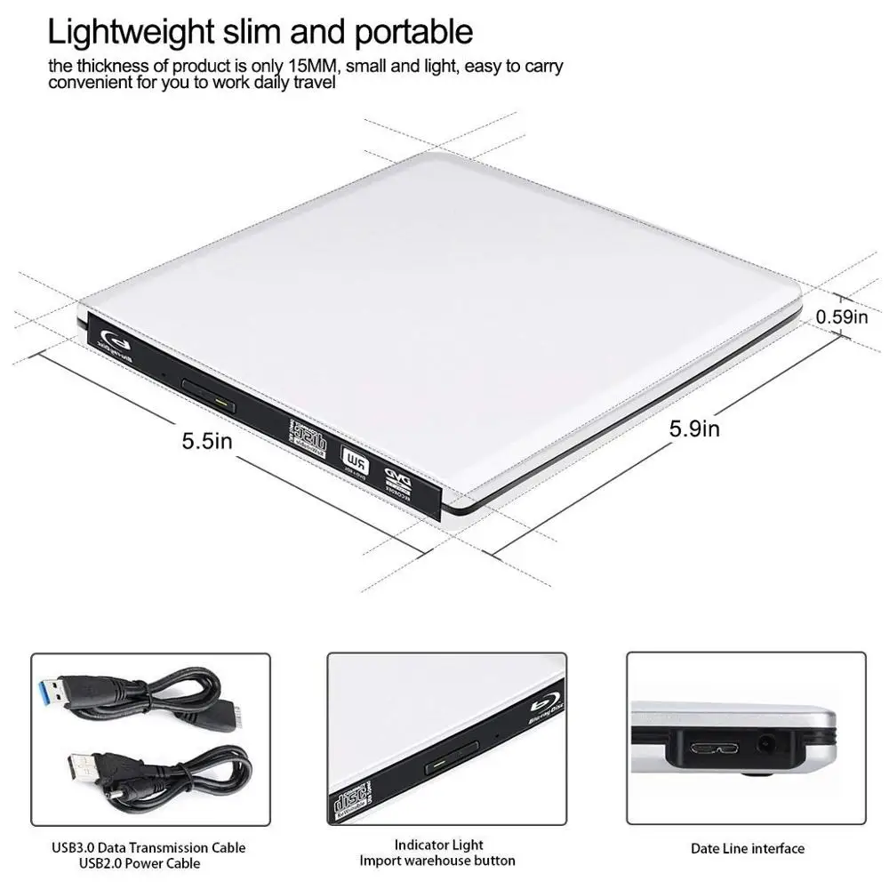YAHEY USB 3,0 Blu-ray Внешний оптический привод 3D плеер BD-RE горелки Регистраторы DVD+/-RW/Оперативная память диски для компьютера Windows7/8/10+ сумка