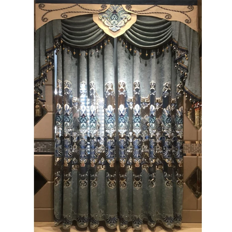 

European American Light Luxury Hao Hua Kuan Embroidered Curtains for Living Room Study Bay Window with Floor-to-Ceiling Windows