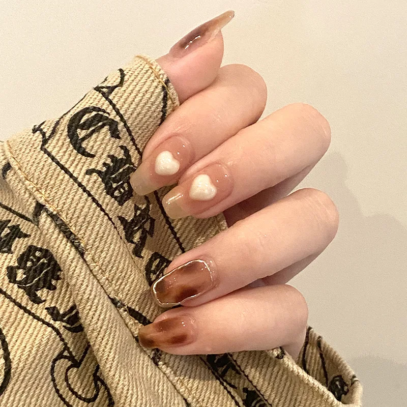 

3D Heart Design Fake Nails Retro Halos Staining Long Coffin Nail Tips Women Girl Winter Autumn Wearable Removable False Nails