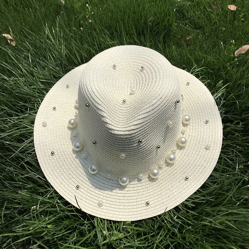 

Summer Wide Brim Pearl Rivet Straw Sun Hats For Women Beach Hats Ladies Chapeau Femme Wholesale And Retail Free shipping Gorras