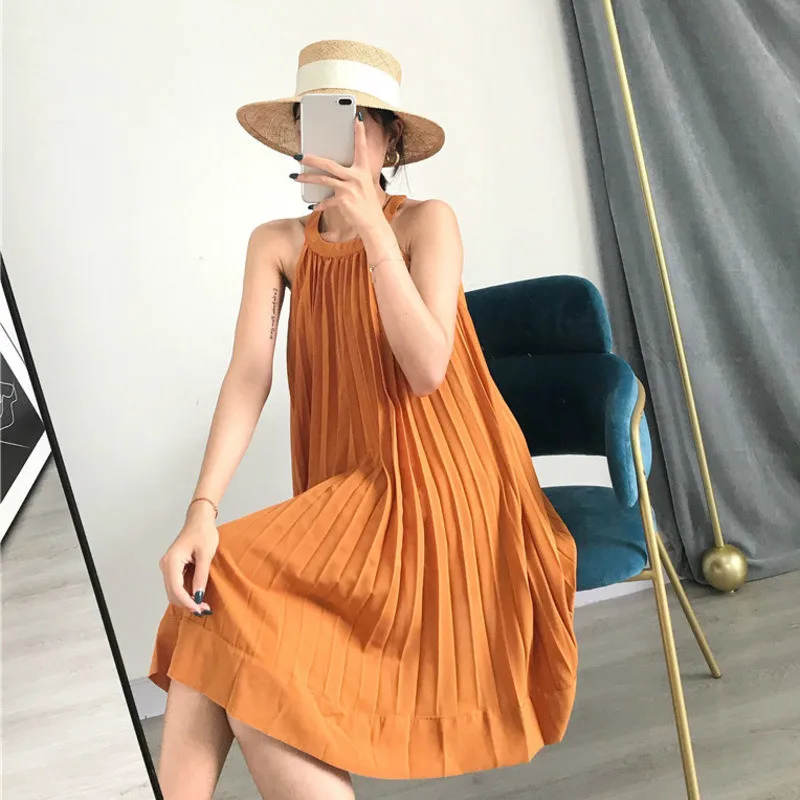 LANMREM однотонное Плиссированное женское платье без рукавов с висячим вырезом на