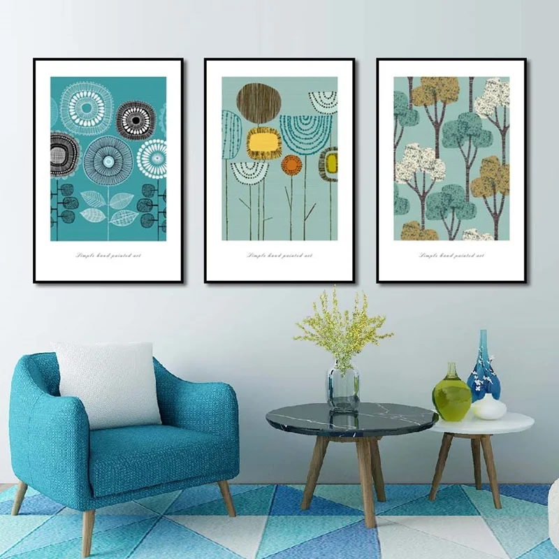 

Cartoon Blue Minimalist Flower Tree Hanging Wall Art Canvas Painting Home Decor Poster For Living Room Bedroom