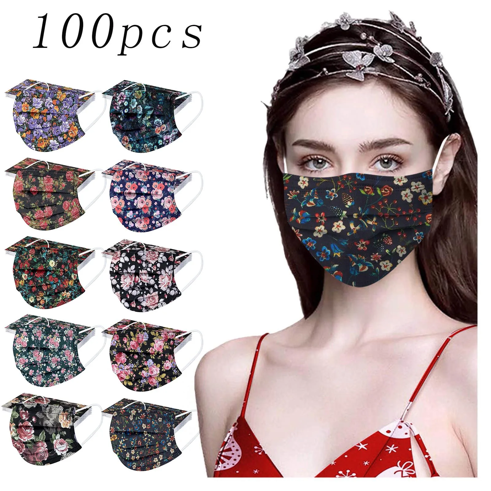 100 шт маска для лица взрослых одноразовые цветочные печати лицевая 3ply с наушным