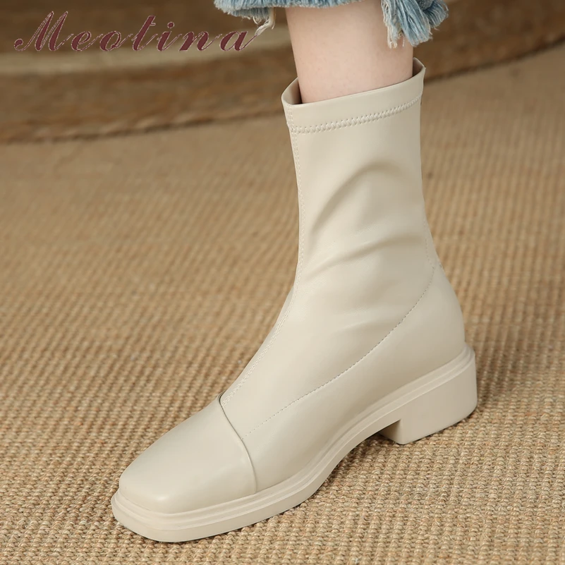 

Женские ботильоны из натуральной кожи Meotina, ботинки на среднем каблуке, с квадратным носком, на молнии, Размеры 33-40, Осень-зима