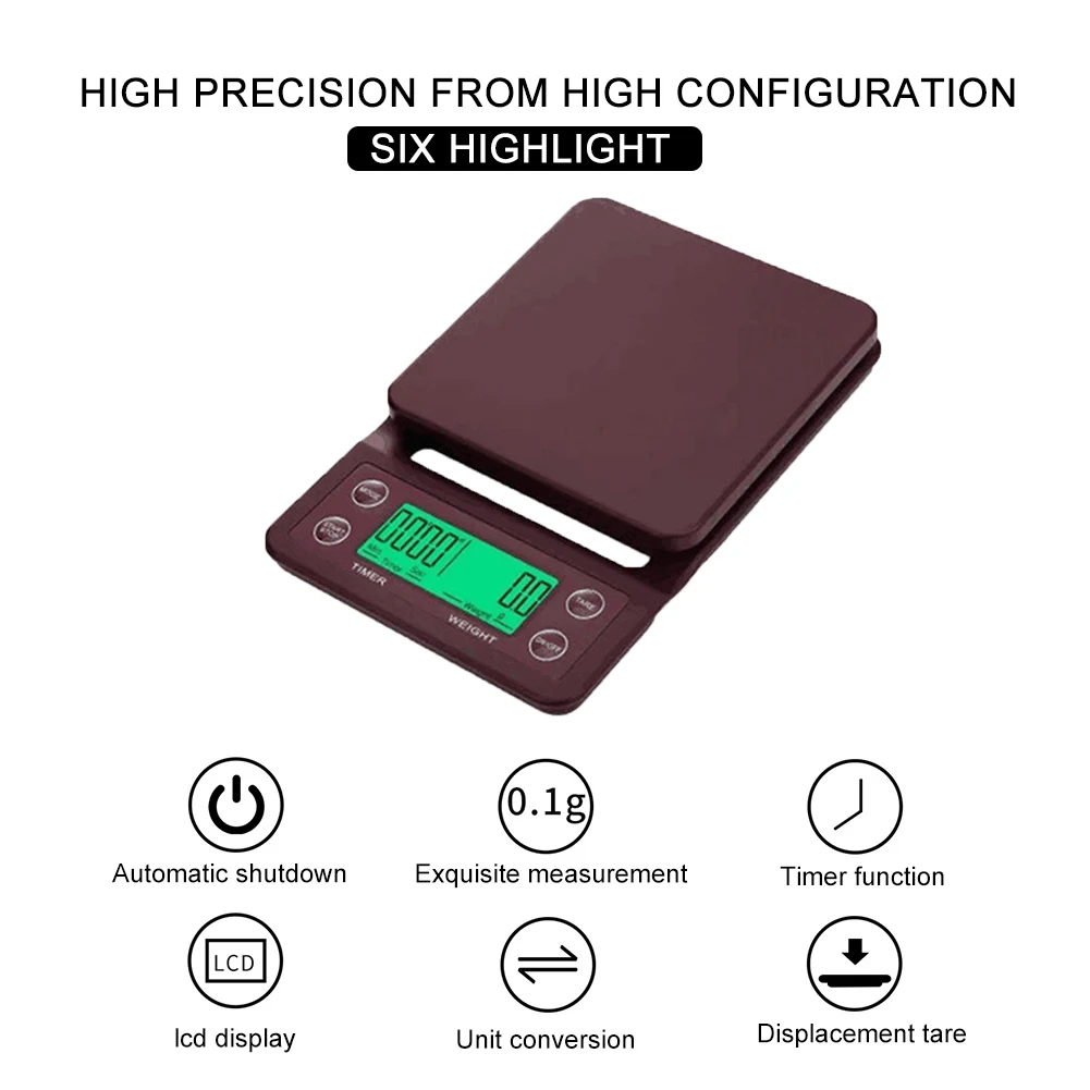

3kg/0.1g 5kg/0.1g Drip Coffee Scale with Timer Portable Electronic Digital Kitchen High Precision LCD Display Electronic Scale