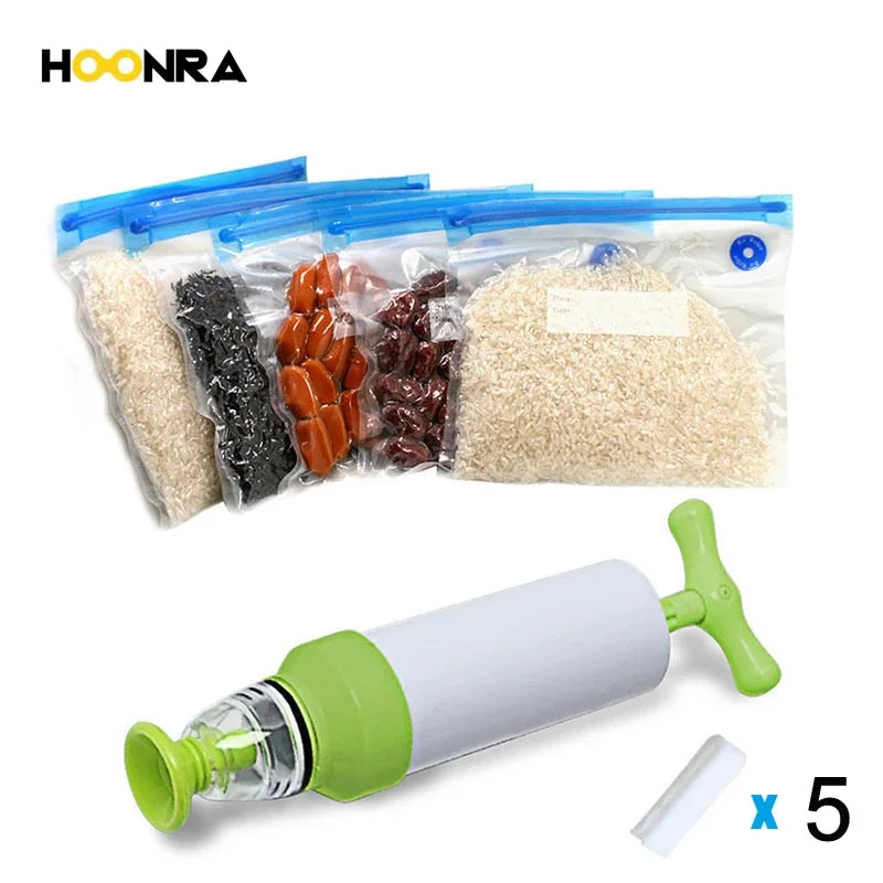 

HOONRA 5Pcs Food Fresh Bag Vacuum Sealer Pump Food Storage Bag Reusable Sealing Machine Vacuum Pump Kitchen Organizer