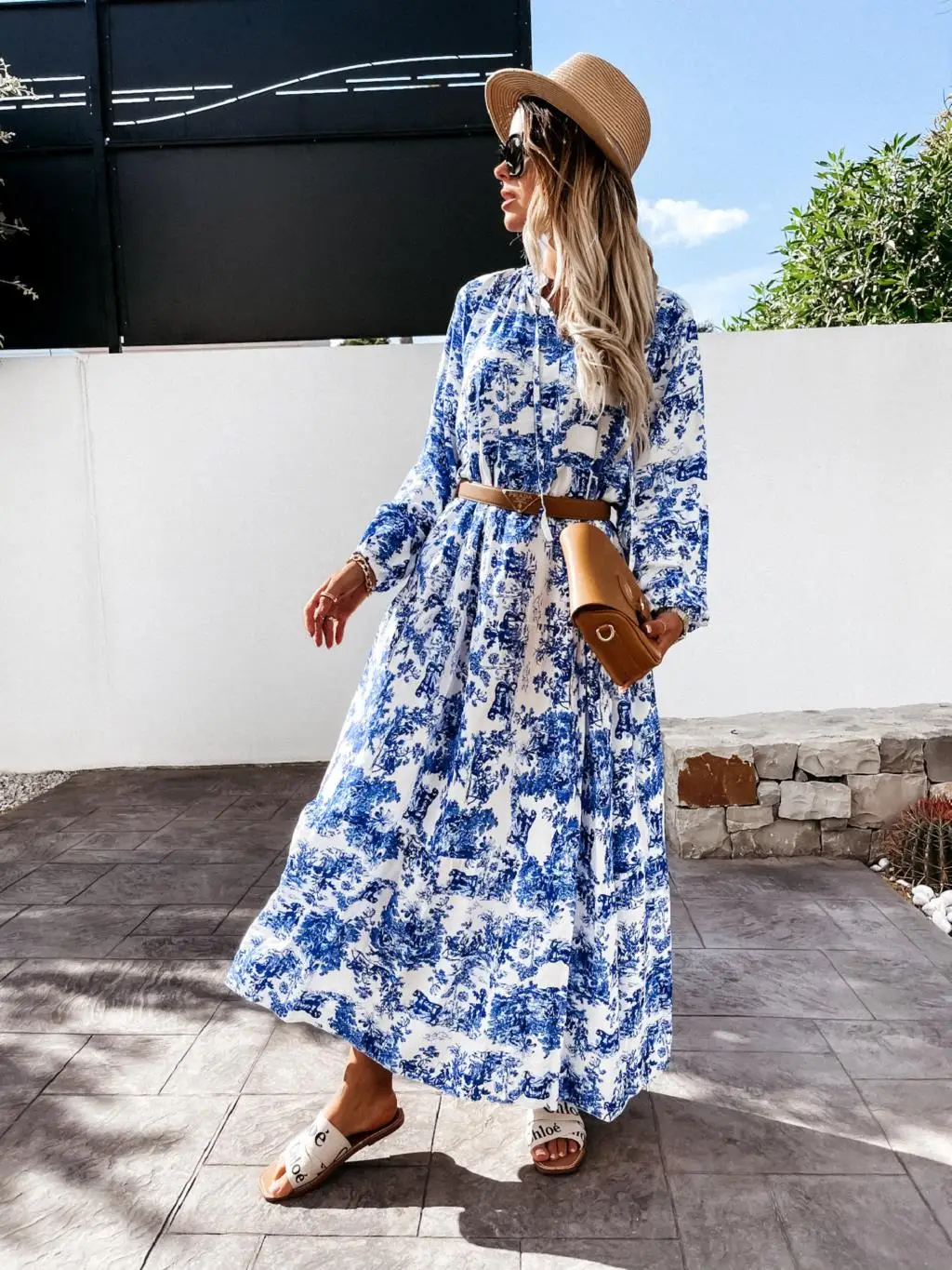

2021 Autumn Spring Print Loose Waist Long Sleeve Midi Dress For Women V Neck Pleated Long Dress Female Size XXL