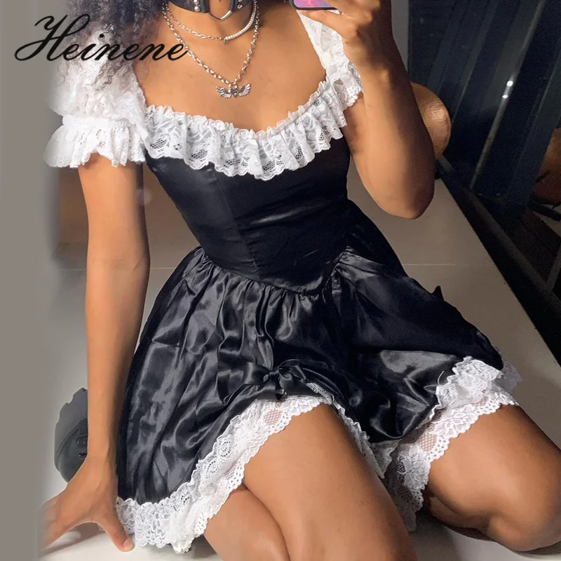 

Heinene Gothic Summer Party Women Lace Sexy Square Collar Puff Sleeve Mini Dress Harajuku Streetwear Party Club Patchwork