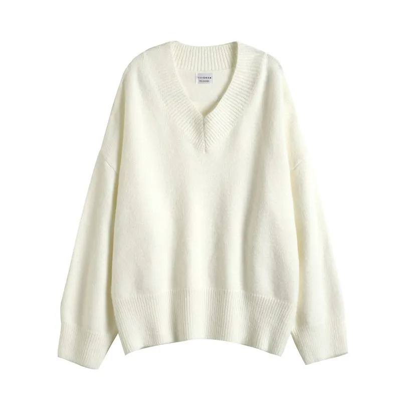 

Mozision Cotton V Neck Knitted Sweater For Women Solid Full Sleeve Knitwear Tops Ladies Spring New Loose Elegant Sweaters
