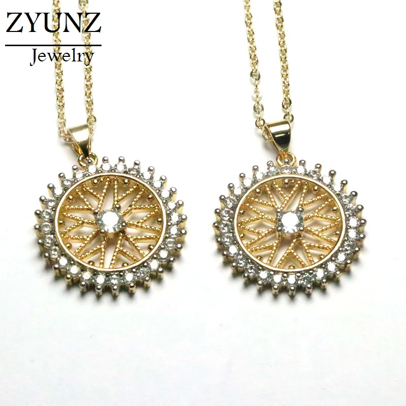 

4PCS, Classic Crystal Zirconia Pendant Necklace Fashion Jewelry Round Flower Shaped Women's Micro Pave CZ Gold Color Jewelry