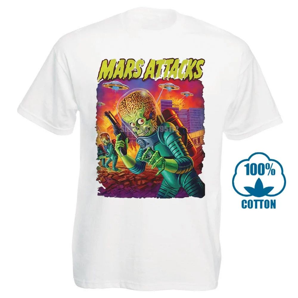 Белый Mars Attacks Movie Мужская футболка атакующий инопланетянин с блюдцем заполненное небо - Цвет: Белый