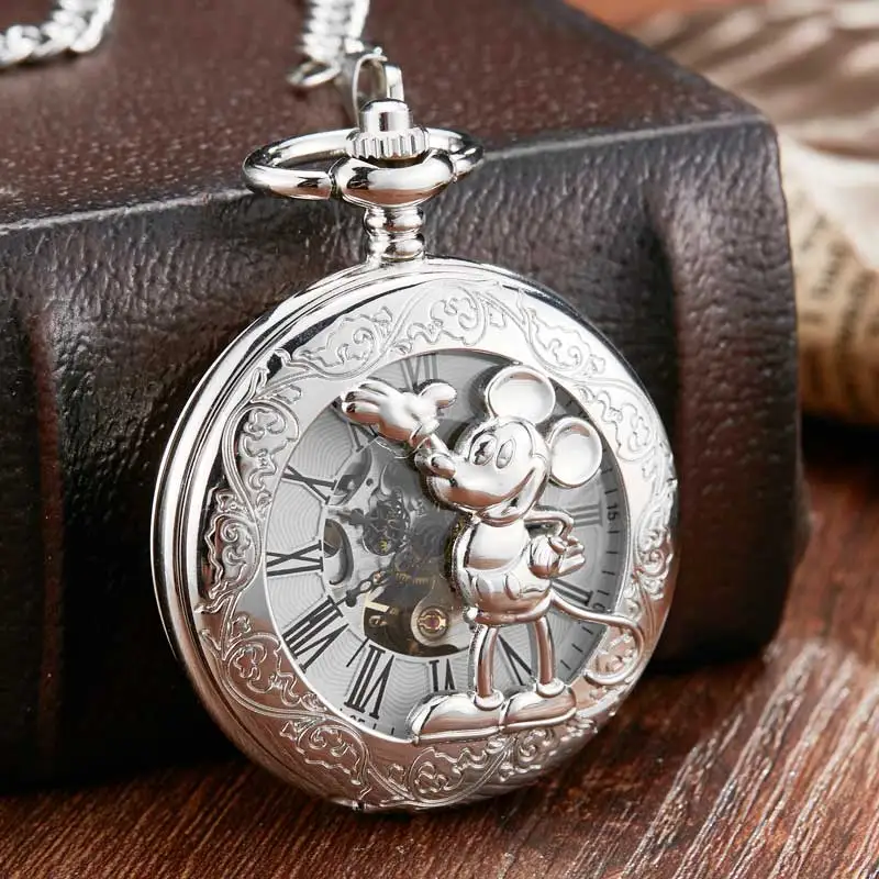 Unique Steampunk Skeleton Cartoon Mouse Mehanical Pocket Watch FOB Chain Hand Wind Mechanical Mens Womens Watches with Chain