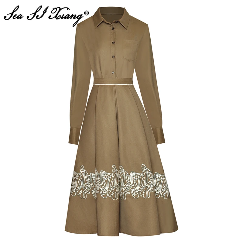 

Seasixiang Fashion Designer Autumn Suit Women Turn-down Collar Single Breasted Shirt + Embroidery A-Line Skirt Two Pieces Set