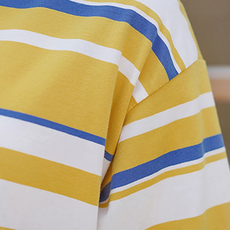 

2020 Women Summer Cotton T-shirt Casual Loose Plus Size Yellow Stripe Top Female New Fashion O-Neck Half Sleeve Student Tee Y716