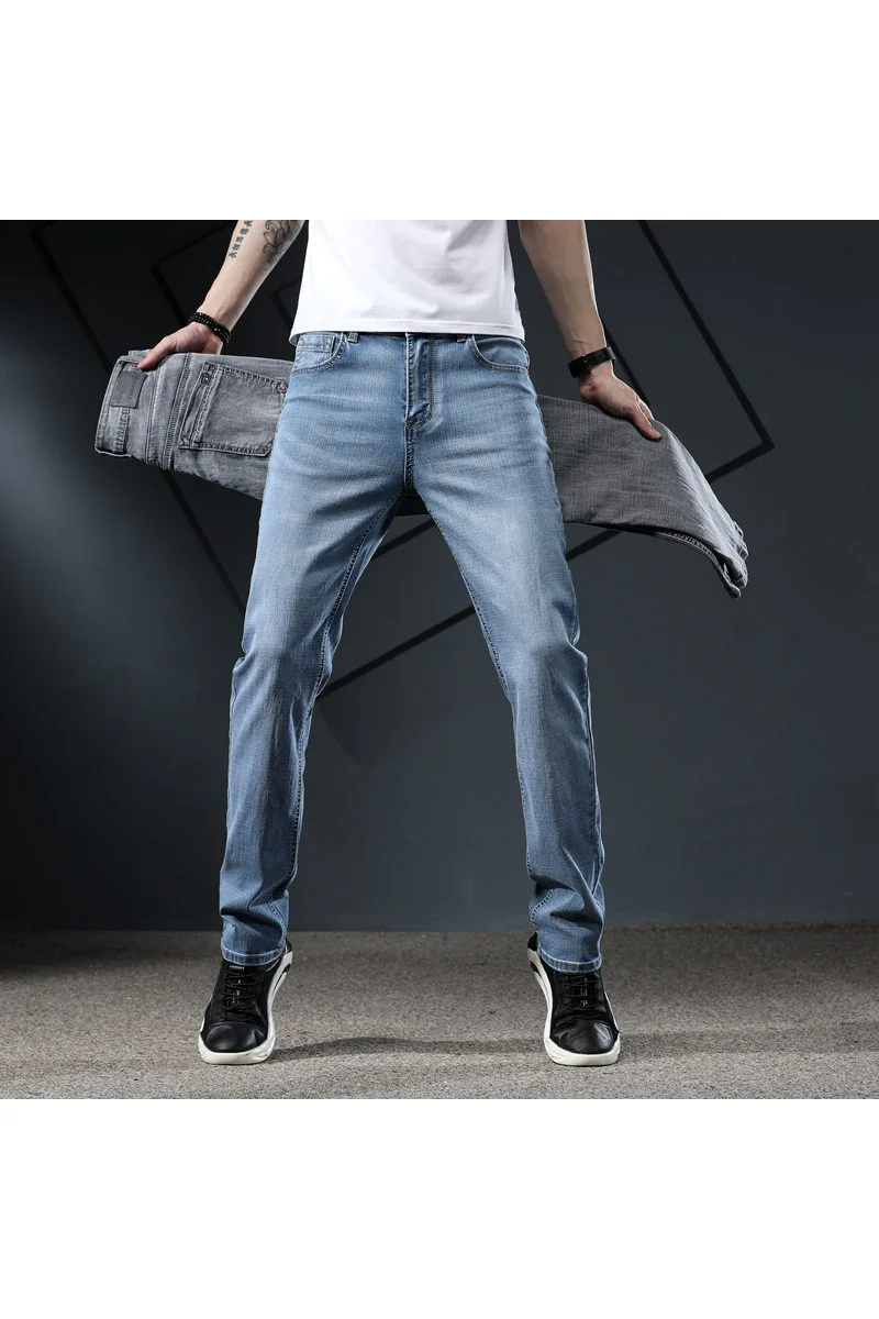 

New Men Straight Jeans Stretch Fashion Pants Mid Waist Full Length Trousers Male Clothing Denim
