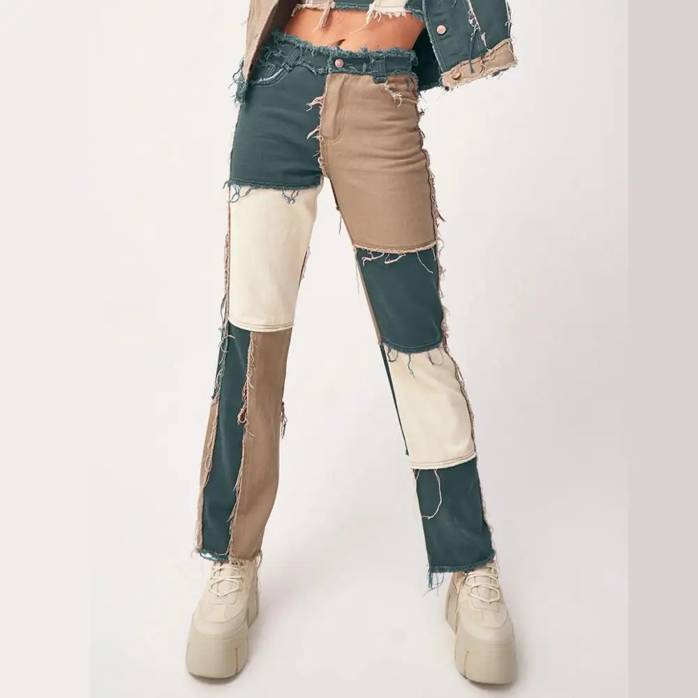 

High Waist Straight-Leg Denim Pants For Women Casual Patchwork Jeans Bodycon Tassel Boyfriend Trousers Streetwear Vaqueros Mujer