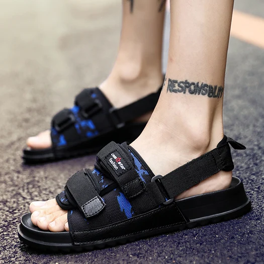 black blue Кроссовки без шнуровки; красивые пляжные шлепанцы без задника; большие размеры 45; большие размеры 46; Повседневная Уличная Мужская обувь из сетчатого материала; летние спортивные черные сандалии; шлепанцы - Цвет: black blue